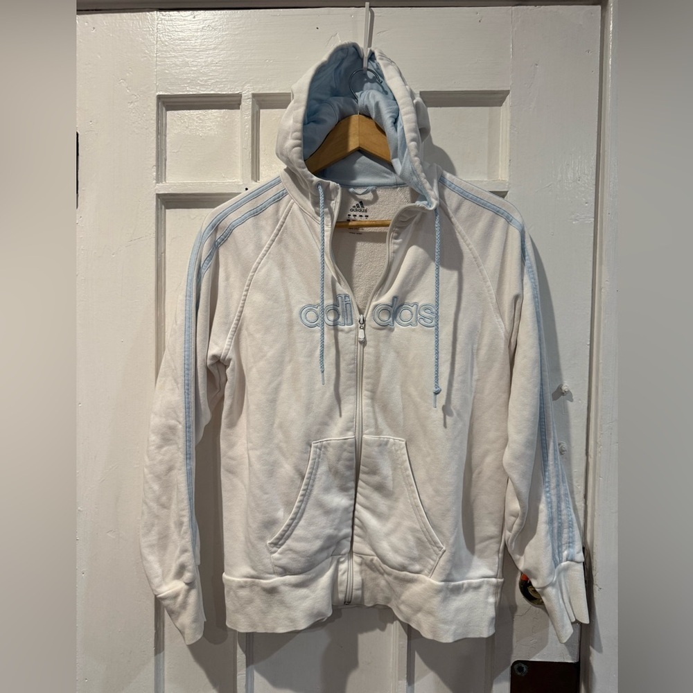 adidas White Hoodie with Light Blue Accents